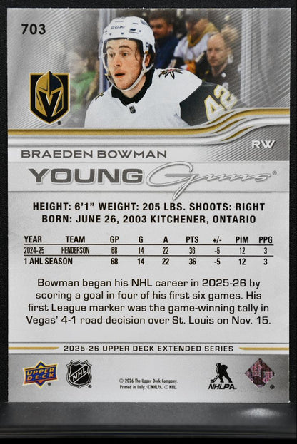 2025-26 UD Extended Series Young Guns Braeden Bowman 703 Golden Knights RC 3130
