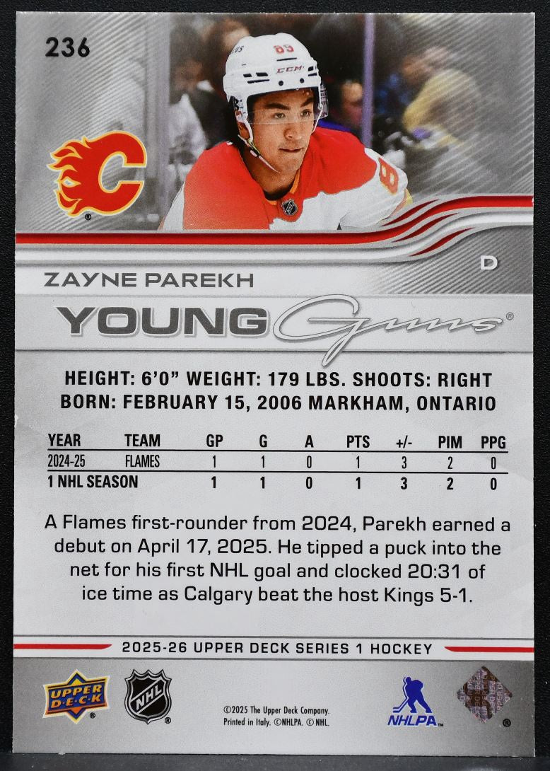 2025-26 Upper Deck Series 1 Young Guns Zayne Parekh 236 Calgary Flames RC 1839