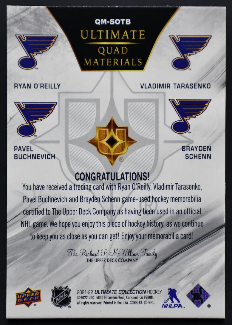 2021-22 UD Ultimate Quad Materials O'Reilly / Tarasenko /  Schenn /99 Jersey