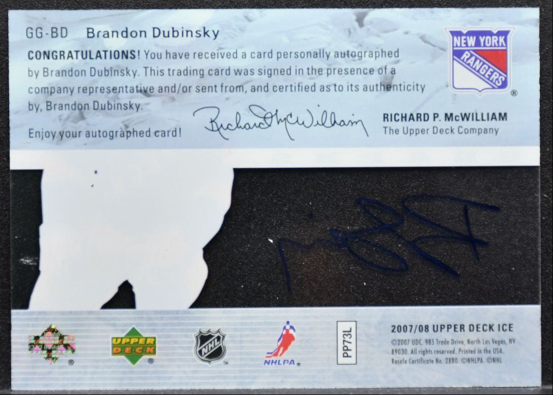 2007-08 Upper Deck Ice Glacial Graphs Auto Brandon Dubinsky Rangers Auto 5104