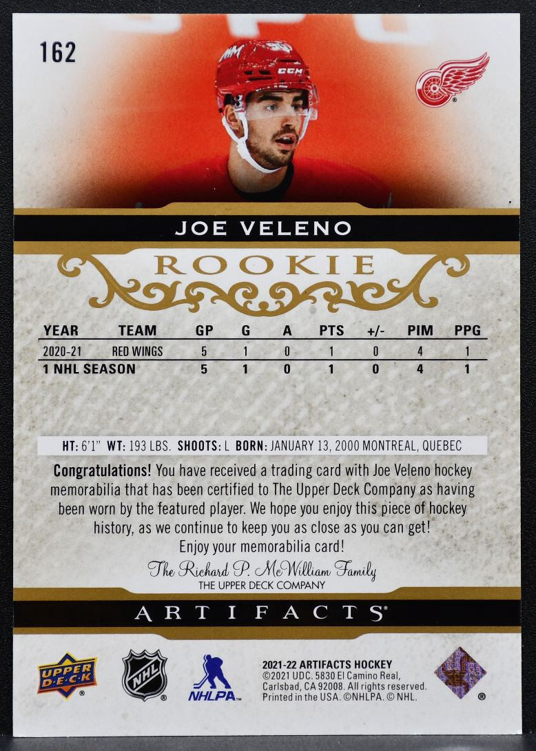 2021-22 UD Artifacts Rookie Gold Material Joe Veleno Red Wings RC Jersey 2584
