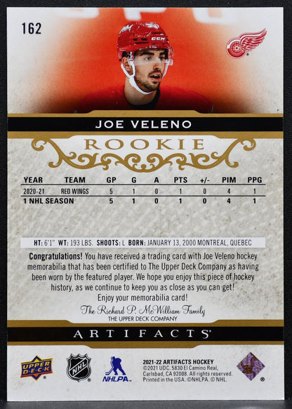 2021-22 UD Artifacts Rookie Gold Material Joe Veleno Red Wings RC Jersey 2584