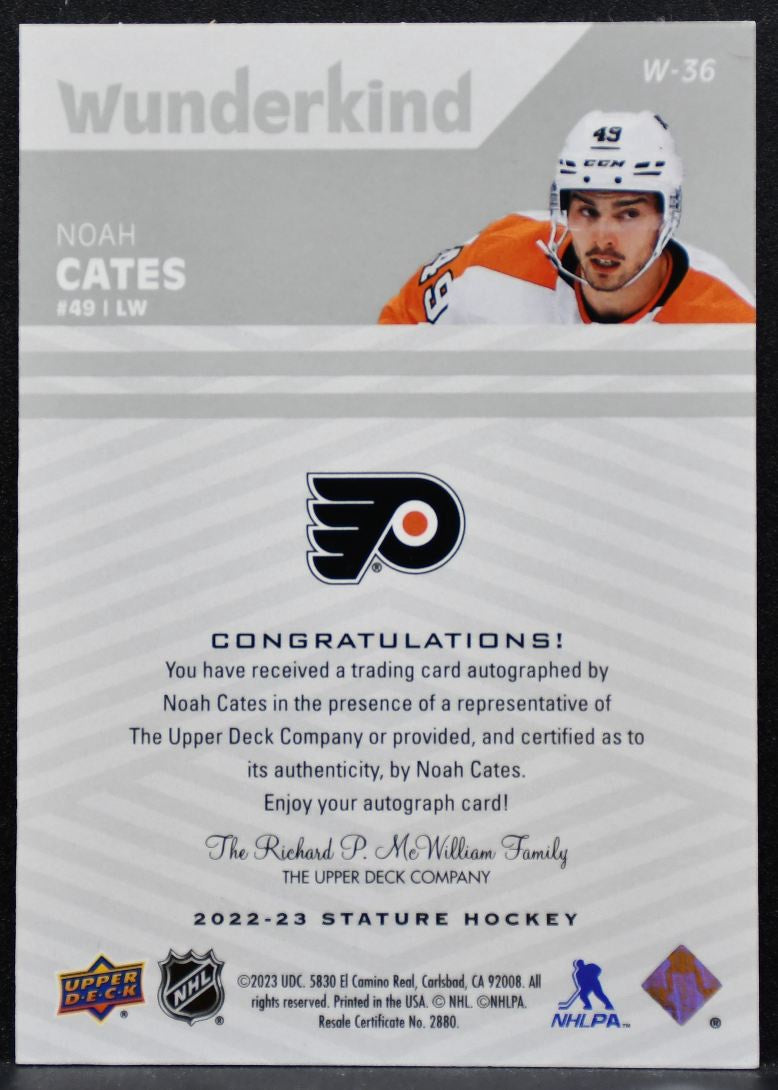 2022-23 Upper Deck Stature Wunderkind Auto Noah Cates W-36 Flyers Auto 6679
