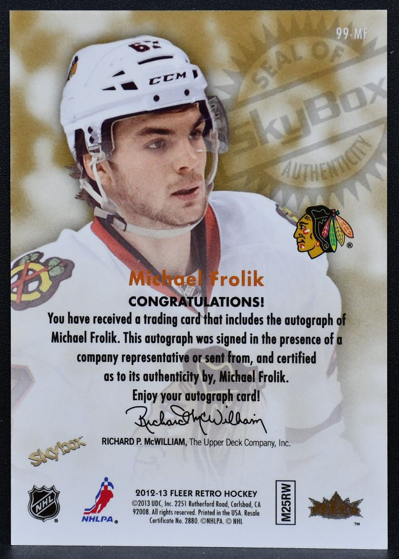 2012-13 Fleer Retro Autographics 1999 Michael Frolik 99-MF Blackhawks Auto 1486