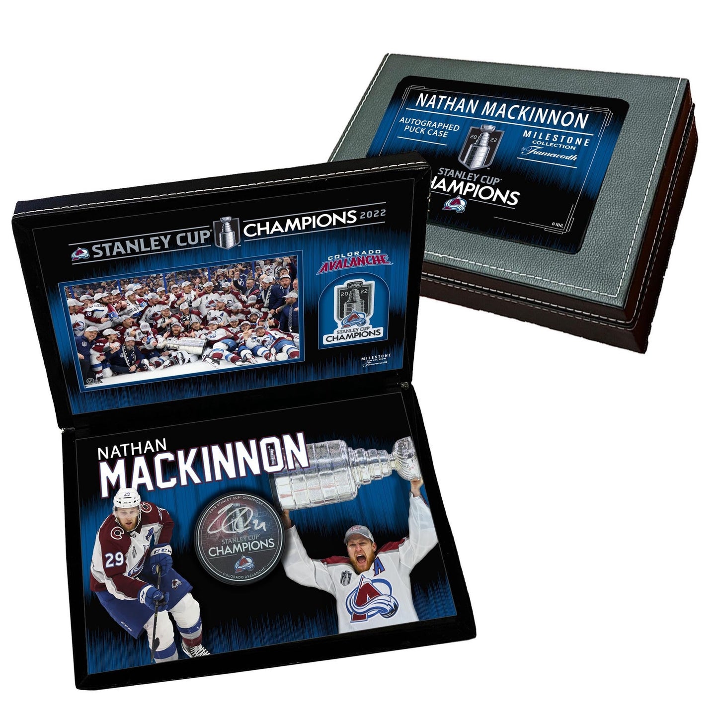 Nathan MacKinnon Signed Avalanche 2022 Stanley Cup Champions Puck in Deluxe Case