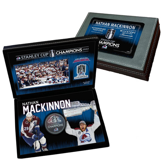 Nathan MacKinnon Signed Avalanche 2022 Stanley Cup Champions Puck in Deluxe Case