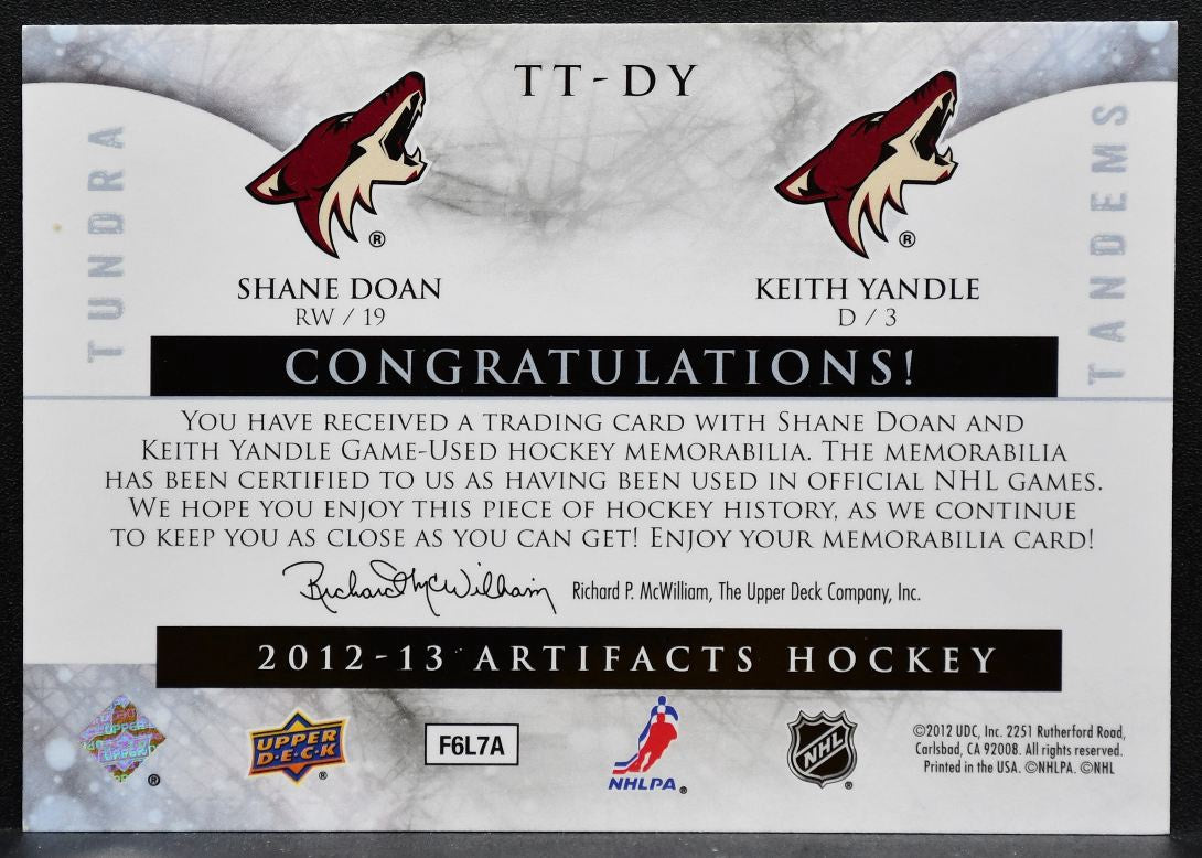 2012-13 UD Artifacts Tundra Tandems Doan/Yandle Arizona Coyotes Jersey 6564