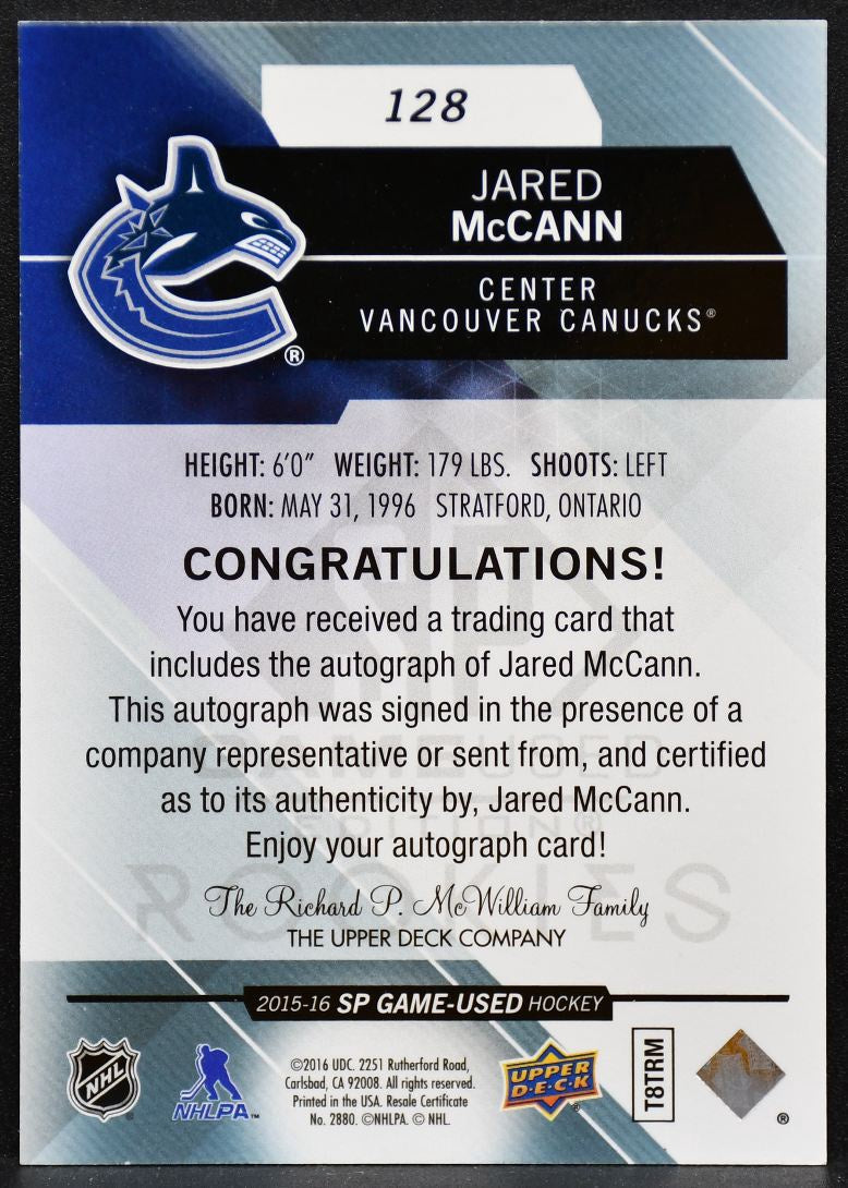 2015-16 SP Game Used Authentic RC Blue Jared McCann 128 Canucks RC Auto 5552