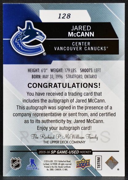 2015-16 SP Game Used Authentic RC Blue Jared McCann 128 Canucks RC Auto 5552