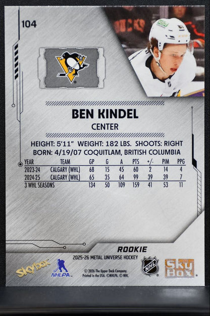 2025-26 SkyBox Metal Universe Rookie Ben Kindel 104 Pittsburgh Penguins RC 3635