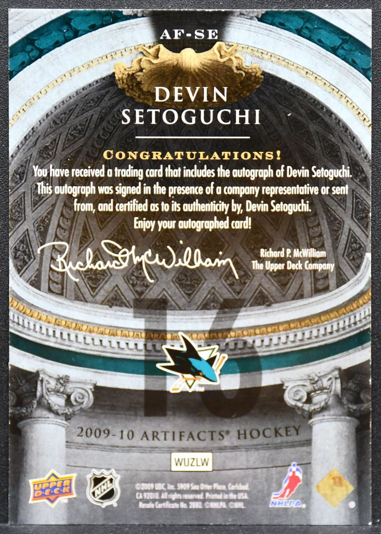 2010-11 Upper Deck Artifacts Autofacts Devin Setoguchi AF-SE Sharks Auto 1820