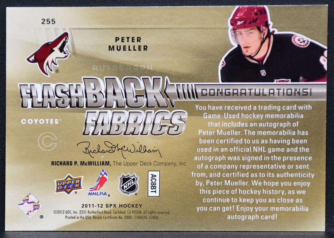 2011-12 SPx Flashback Fabrics Auto Peter Mueller 255 Coyotes Auto Jersey 0492
