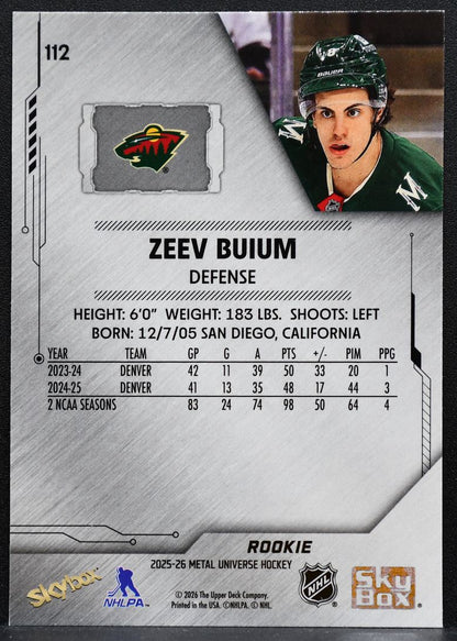 2025-26 SkyBox Metal Universe Rookie Zeev Buium 112 Minnesota Wild RC 1945