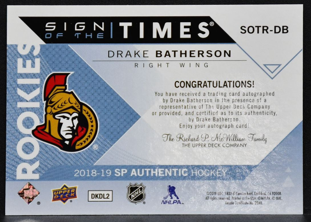 2018-19 SP Authentic Sign of the Times Rookies Drake Batherson SOTR-DB  RC /99
