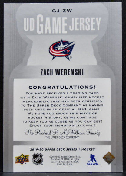 2019-20 Upper Deck Series 1 UD Game Jerseys Zach Werenski Jackets Jersey 8444