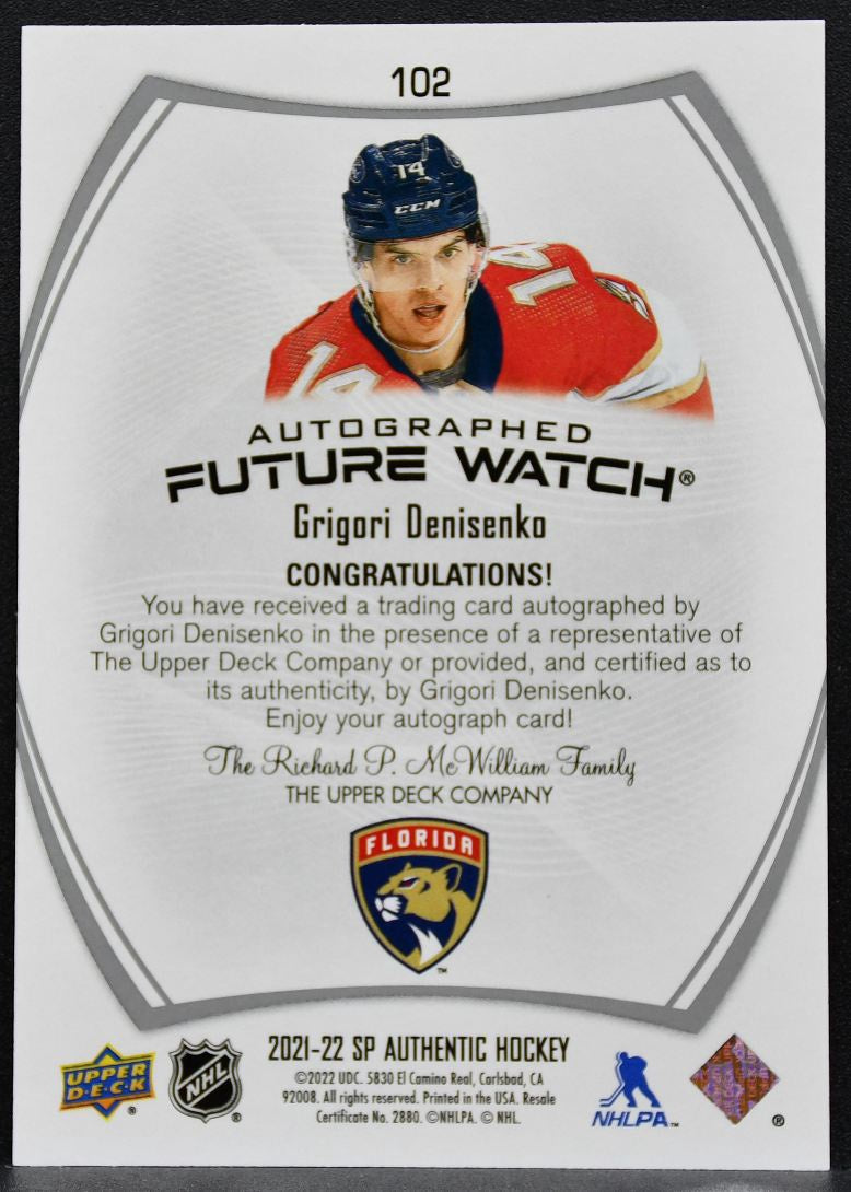 2021-22 SP Authentic Future Watch Auto Grigori Denisenko Panthers RC Auto 3455