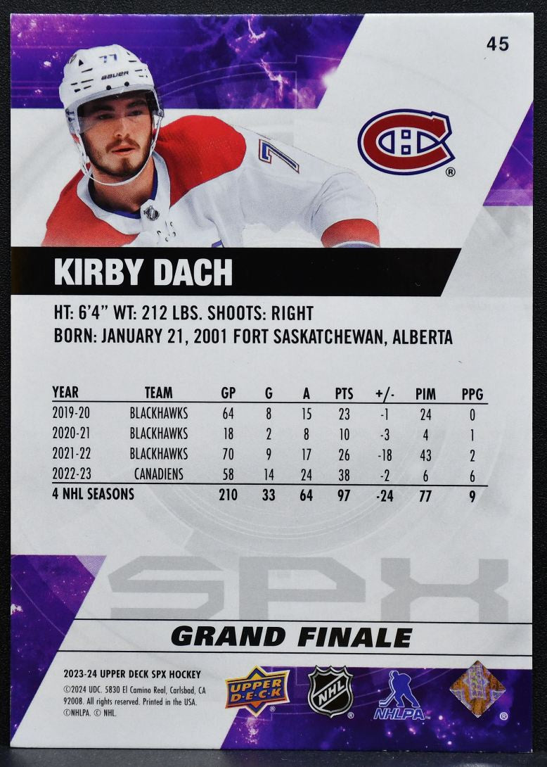 2023-24 SPx Grand Finale Kirby Dach 45 Montreal Canadiens 49/50 0313