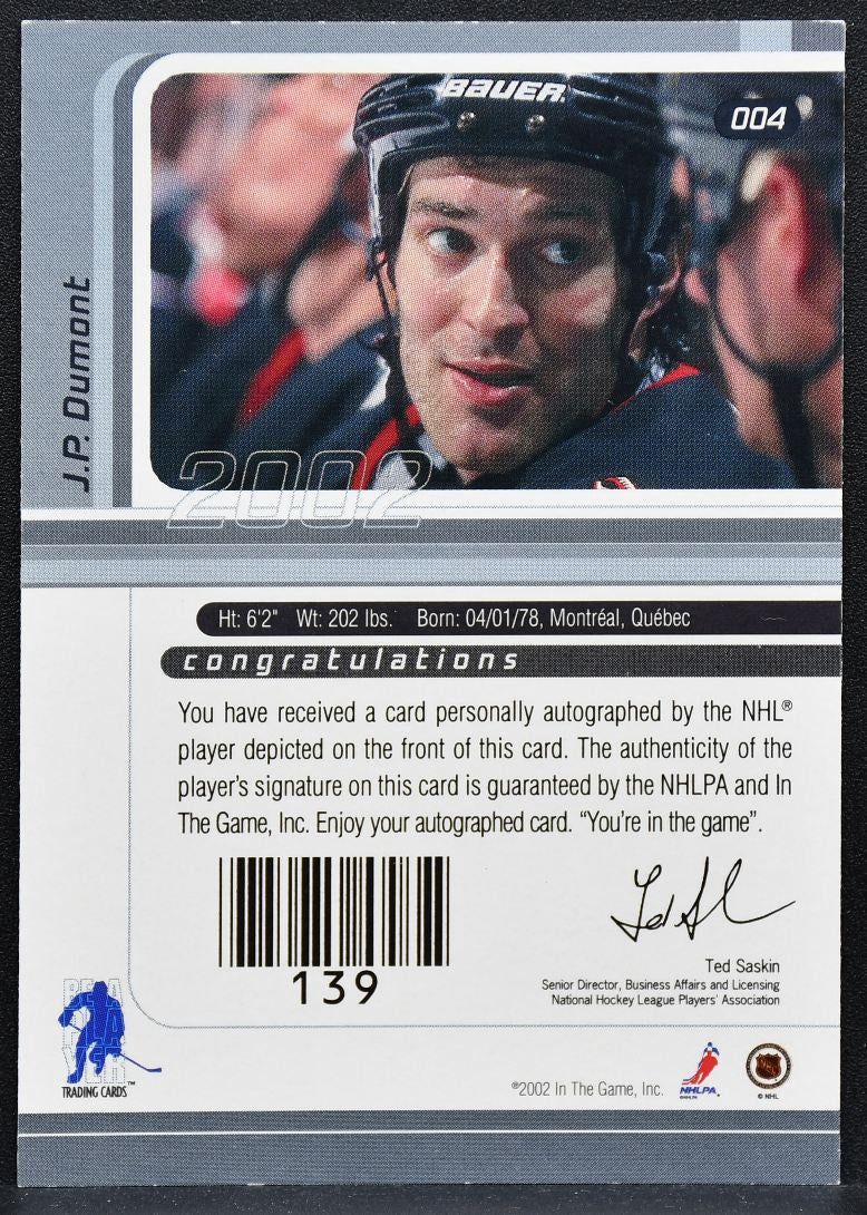 2002-03 In The Game Signature Series Autographs Gold J.P. Dumont 004 Auto 5294