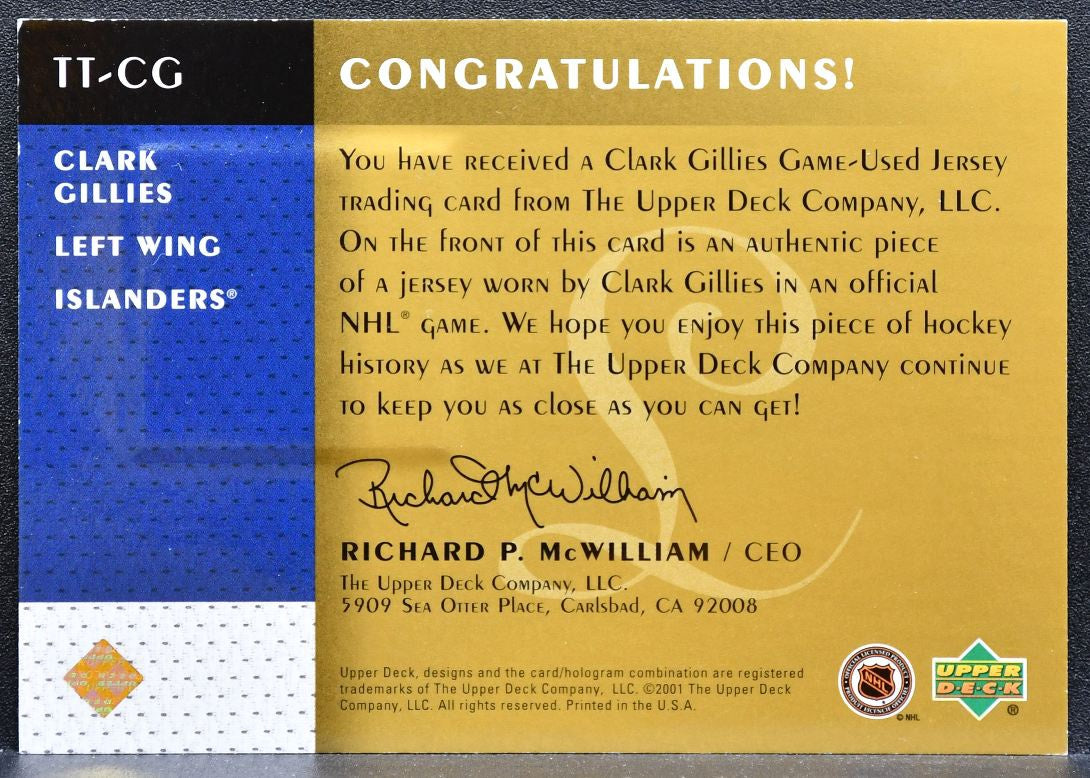 2001-02 UD Legends Timeless Tributes Clark Gillies TT-CG Islanders Jersey 0673
