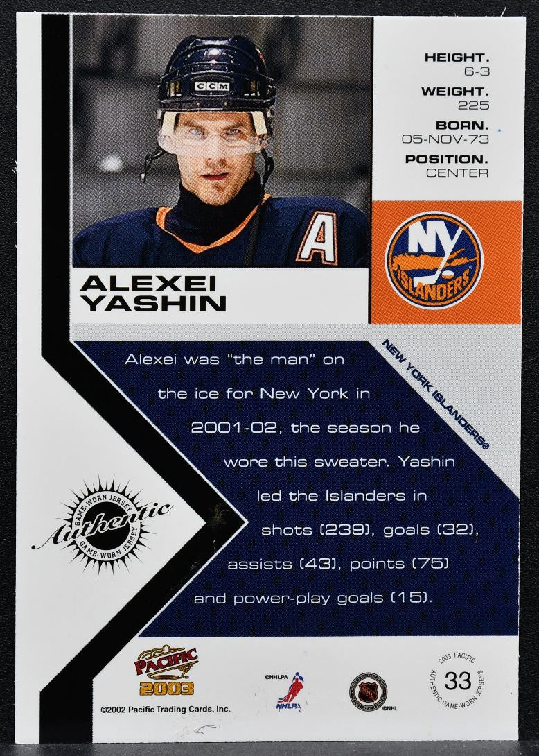 2002-03 Pacific Jersey Alexei Yashin 33 New York Islanders Jersey 3445