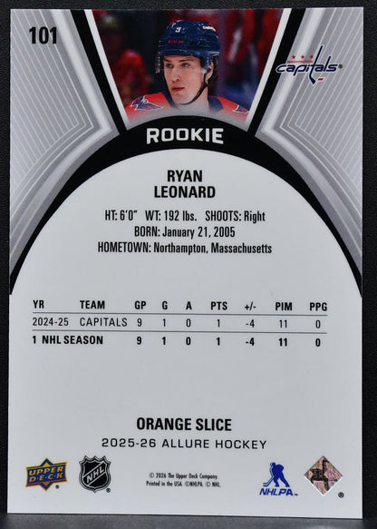 2025-26 UD Allure Rookie Orange Slice Ryan Leonard 101 Washington Capitals RC 8021