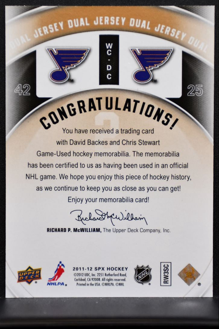 2011-12 SPx Winning Combos David Backes/Chris Stewart WC-DC Blues Jersey 5777