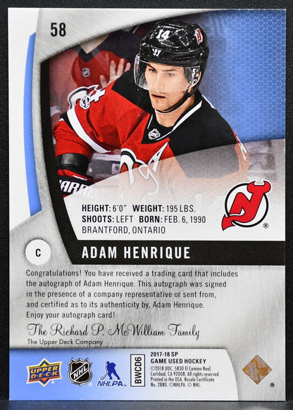 2017-18 SP Game Used Autographs Blue Adam Henrique New Jersey Devils Auto 9091