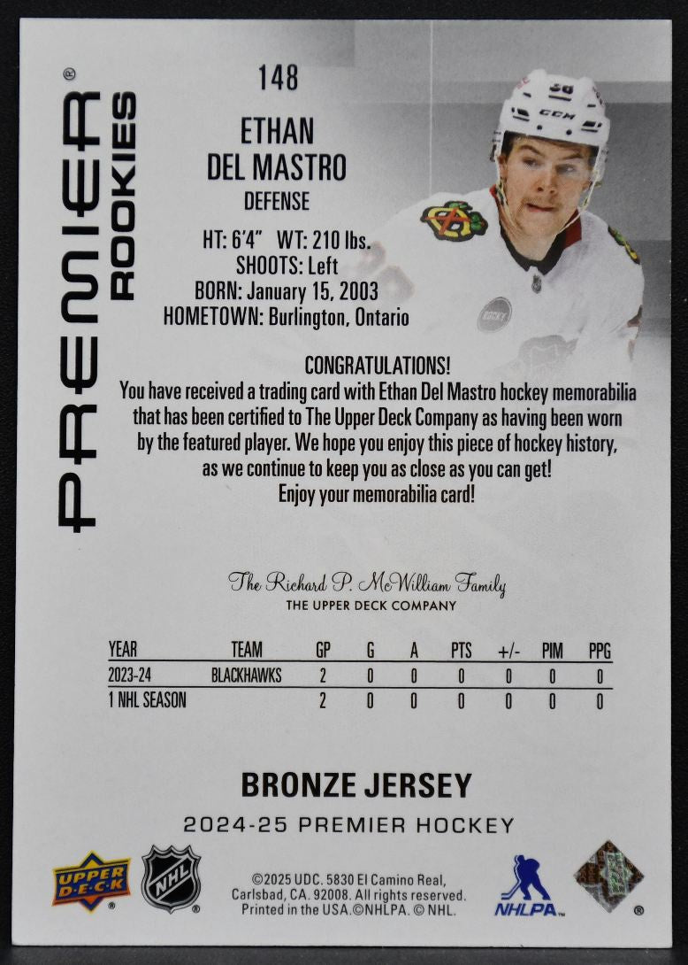 24-25 UD Premier Bronze Jersey Ethan Del Mastro 148 Chicago Blackhawks RC Jersey 2745