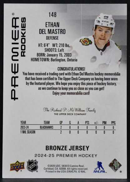 24-25 UD Premier Bronze Jersey Ethan Del Mastro 148 Chicago Blackhawks RC Jersey 2745