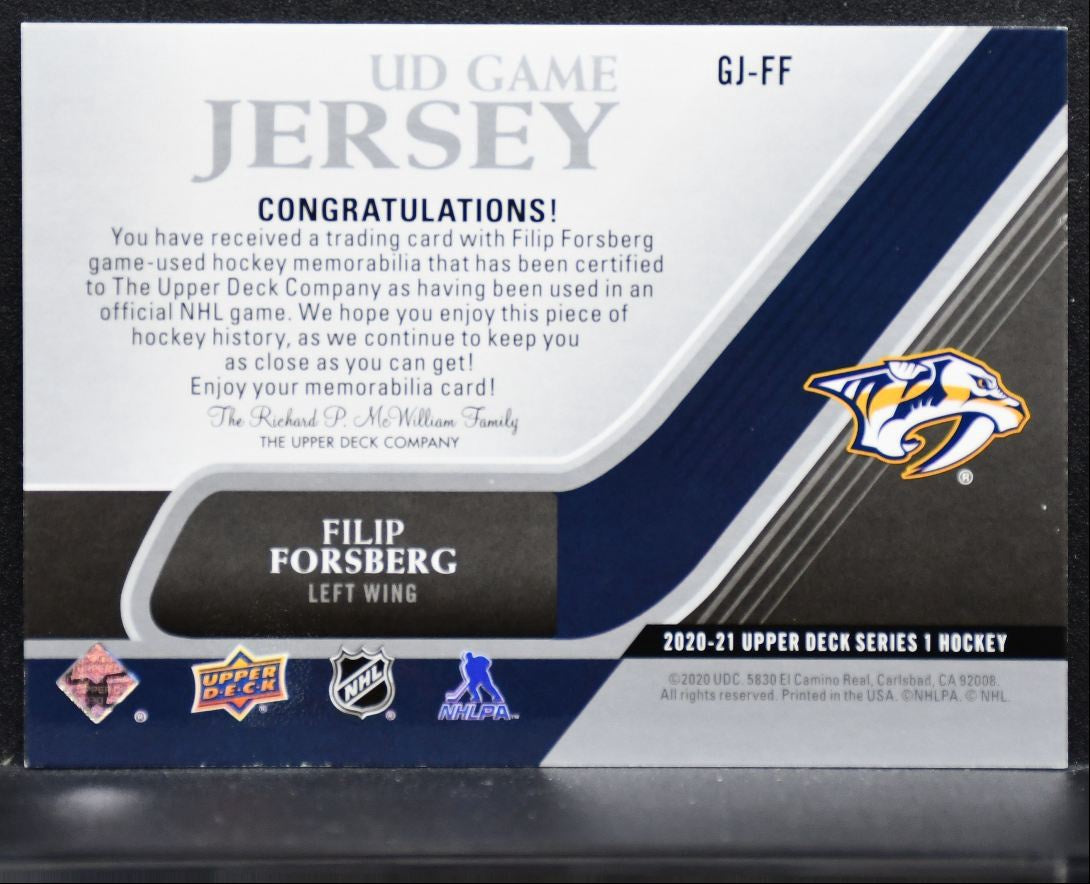 2020-21 Upper Deck Series 1 UD Game Jersey Filip Forsberg Predators Jersey 5074