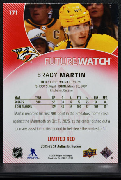 2025-26 SP Authentic Future Watch Limited Red Brady Martin 171 Predators RC 9294