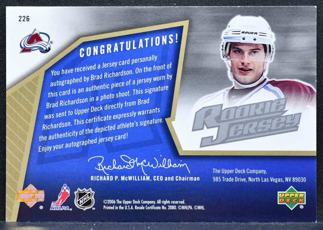 2005-06 SPx Rookie Jersey Auto Brad Richardson Avalanche RC Auto Jersey 9075
