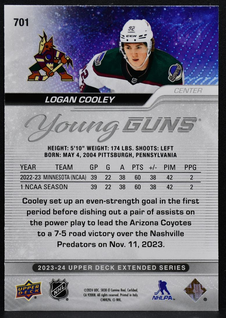 2023-24 UD Extended Series Young Guns Logan Cooley 701 Arizona Coyotes RC 3599