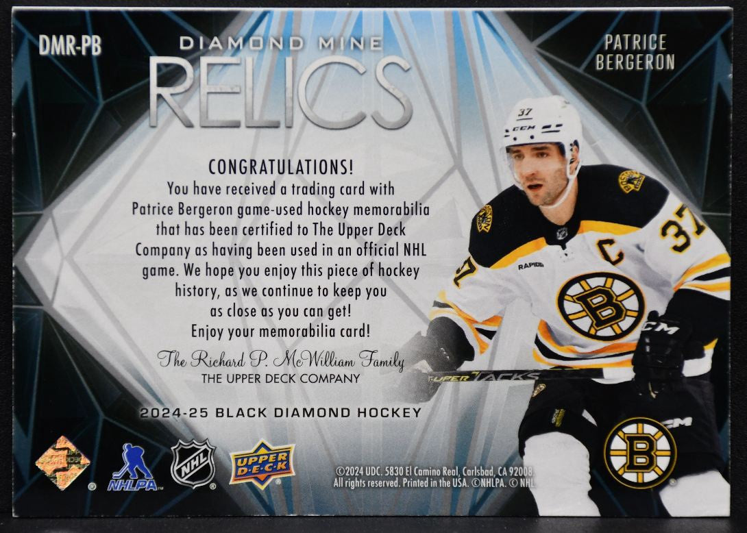 24-25 UD Black Diamond Mine Relics Patrice Bergeron DMR-PB Boston Bruins Jersey 6842