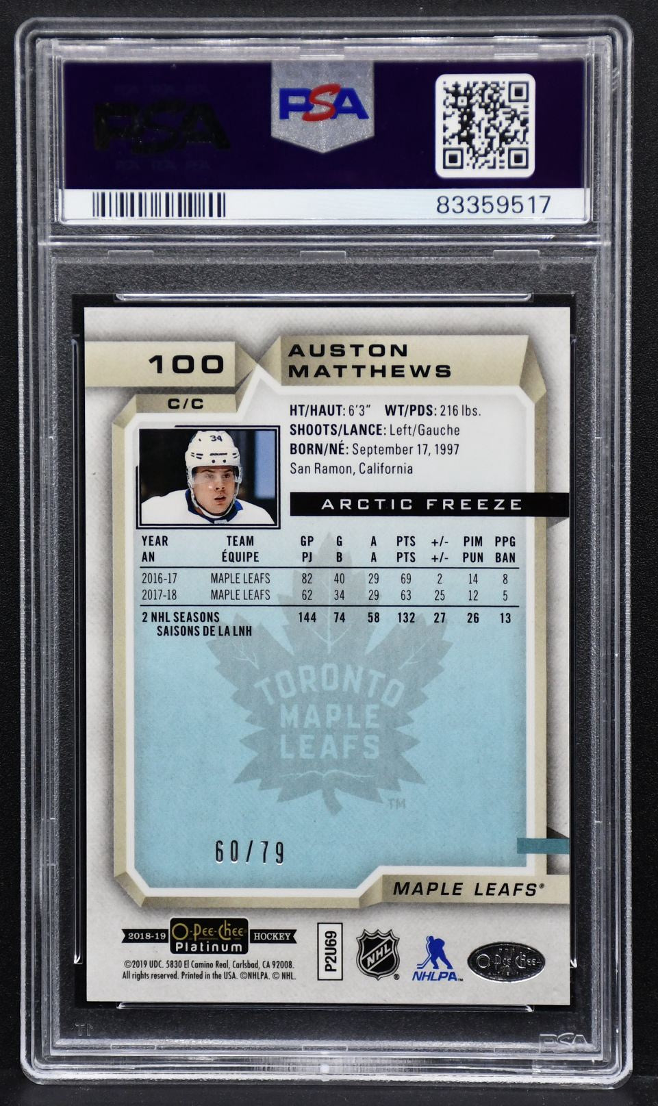 2018-19 O-Pee-Chee Platinum Arctic Freeze Auston Matthews 100 60/79 PSA 10