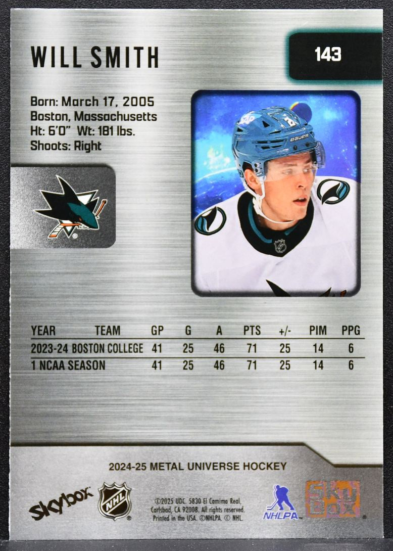 2024-25 SkyBox Metal Universe Rookie Will Smith 143 San Jose Sharks RC 4322