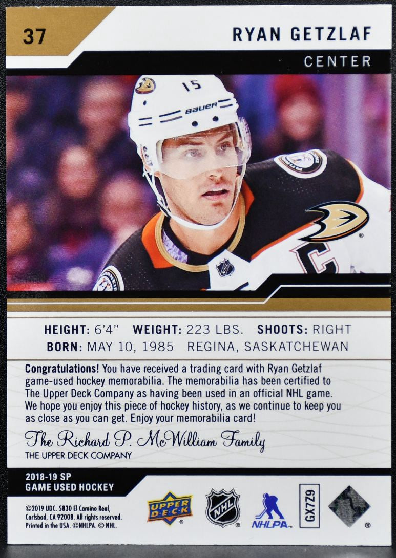 2018-19 SP Game Used Gold Jersey Relic Ryan Getzlaf 37 Jersey 0581