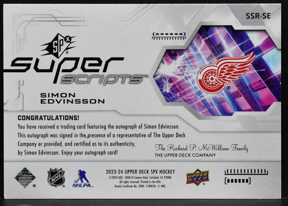 2023-24 SPx Rookie Superscripts Simon Edvinsson SSR-SE Detroit Red Wings RC Auto