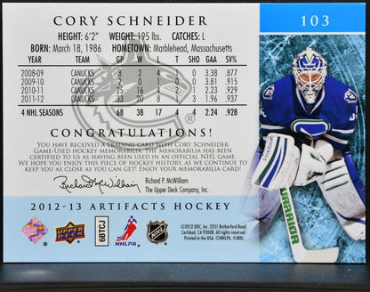 2012-13 UD Artifacts Emerald Materials Cory Schneider 103 /75 Patch 5518