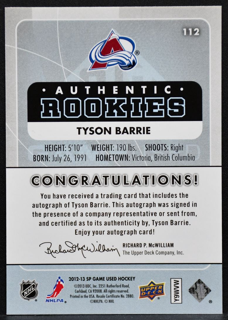 2012-13 SP Game Used Authentic Rookies Auto Tyson Barrie 112  RC Auto