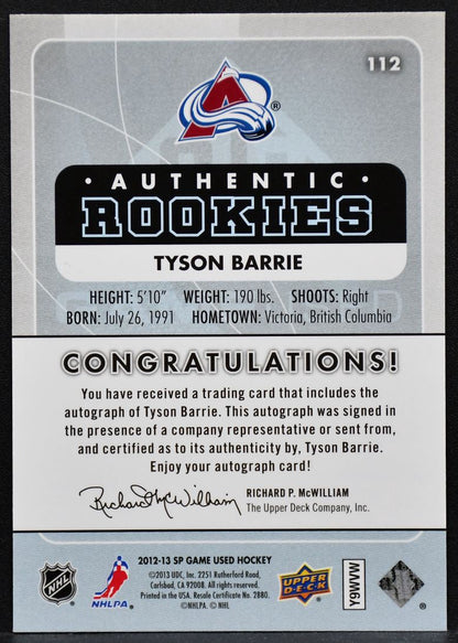 2012-13 SP Game Used Authentic Rookies Auto Tyson Barrie 112  RC Auto