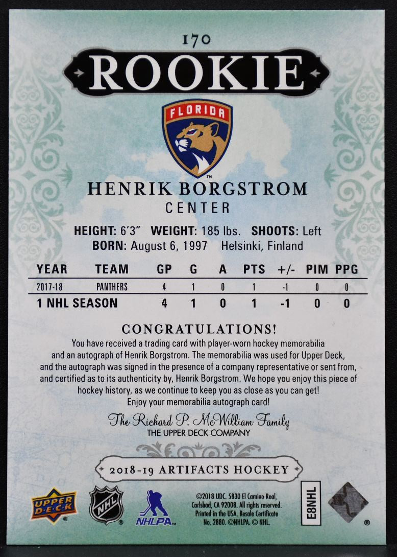 2018-19 UD Artifacts Rookie Auto Material Silver Borgstrom RC Auto Jersey 0961
