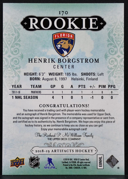 2018-19 UD Artifacts Rookie Auto Material Silver Borgstrom RC Auto Jersey 0961