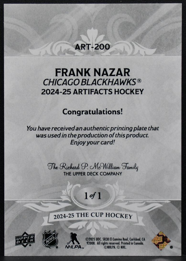 2024-25 UD The Cup Rookie Masterpieces Black Printing Plate Frank Nazar RC 6261