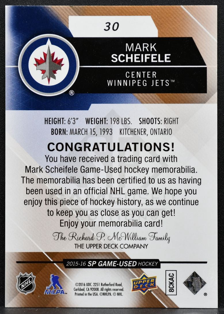 2015-16 SP Game-Used Jersey Mark Scheifele 30 Winnipeg Jets Jersey 3698