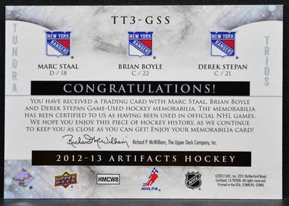 2012-13 UD Artifacts Tundra Trios Jerseys Blue Boyle/Staal/Stepan Jersey 0479