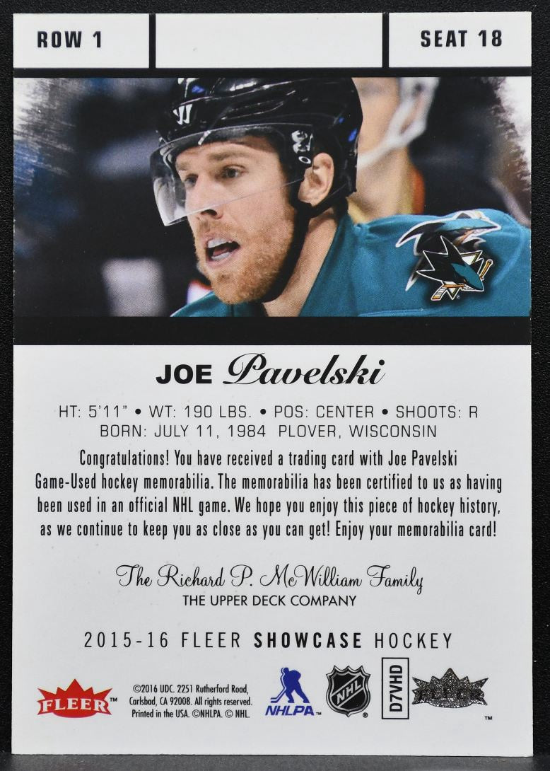 2015-16 Fleer Showcase Flair Jersey Joe Pavelski 18 San Jose Sharks Jersey 5586