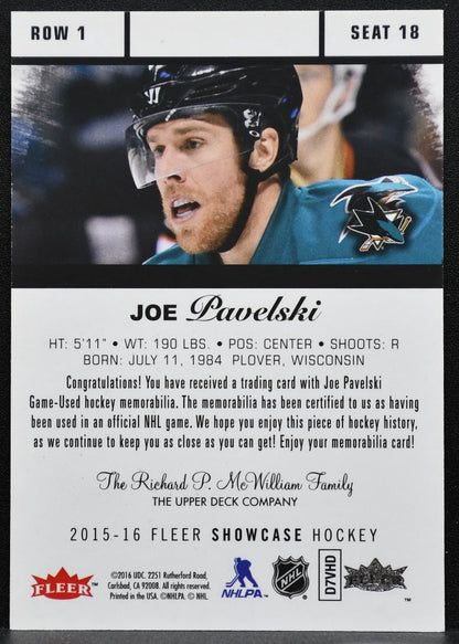 2015-16 Fleer Showcase Flair Jersey Joe Pavelski 18 San Jose Sharks Jersey 5586
