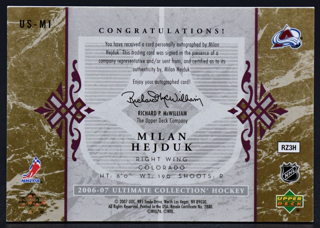2006-07 UD Ultimate Collection Ultimate Signatures Milan Hejduk US-MI Auto