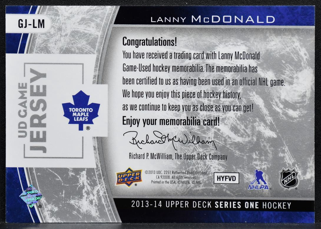 2013-14 UD Series 1 UD Game Jersey Lanny McDonald Maple Leafs Jersey 8375